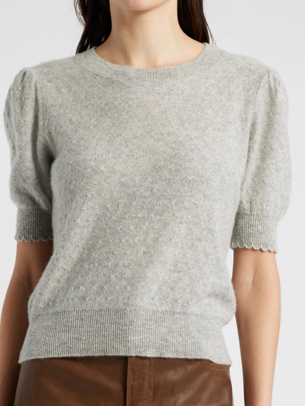 Magaschoni 100% Cashmere Pointelle Puff Short Sleeve Sweater Top Light Gray Sz L